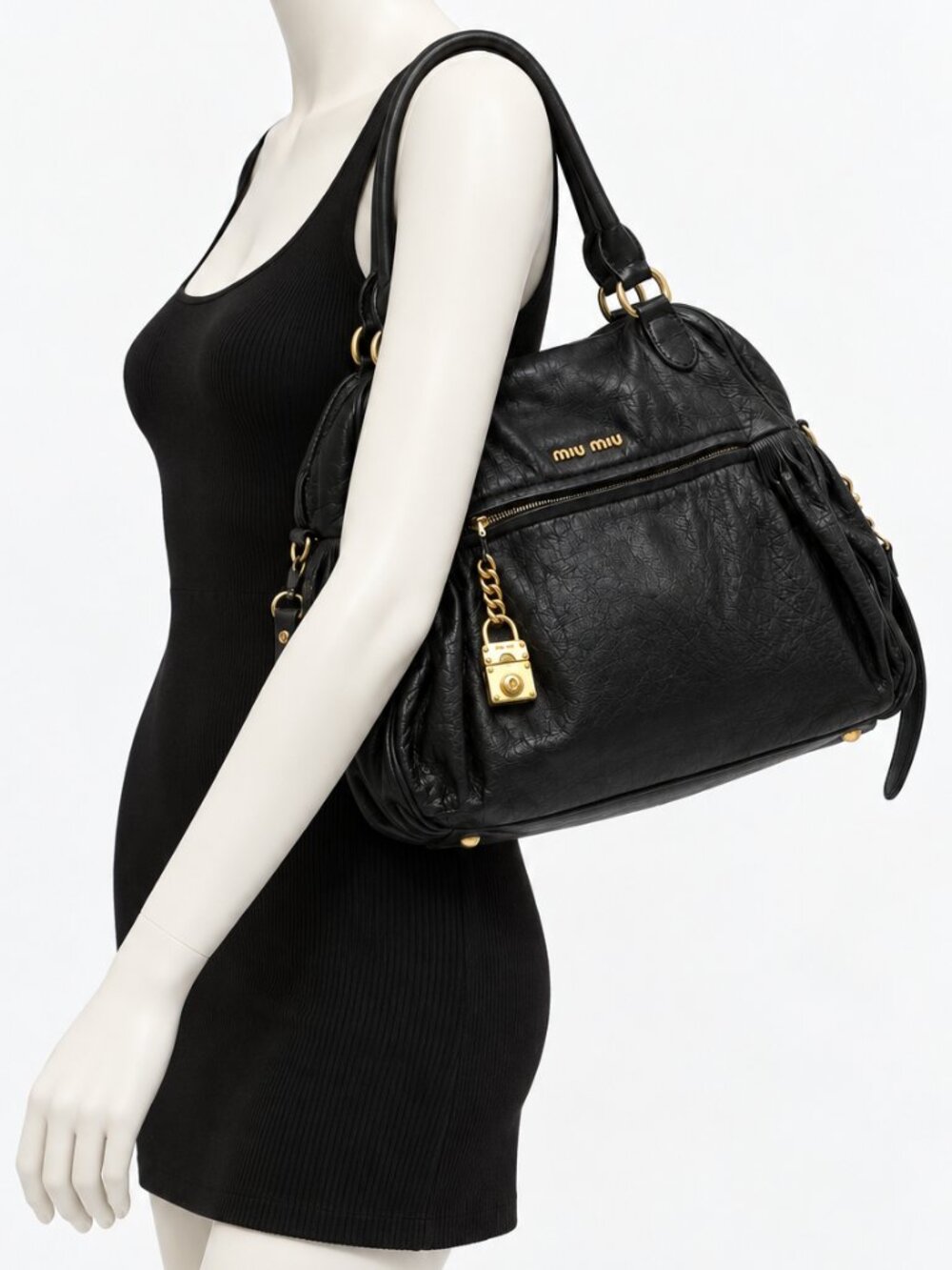 Miu Miu Black Leather Satchel Crossbody Bag Gold Hardware Padlock Vintage